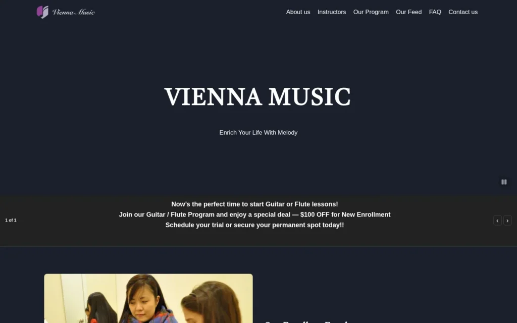 Vienna Music首頁桌機版，展示品牌理念和課程推薦