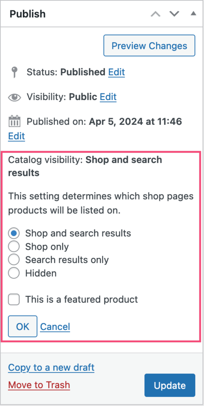 The publish panel with the Catalog Visibility section expanded to show the available options.