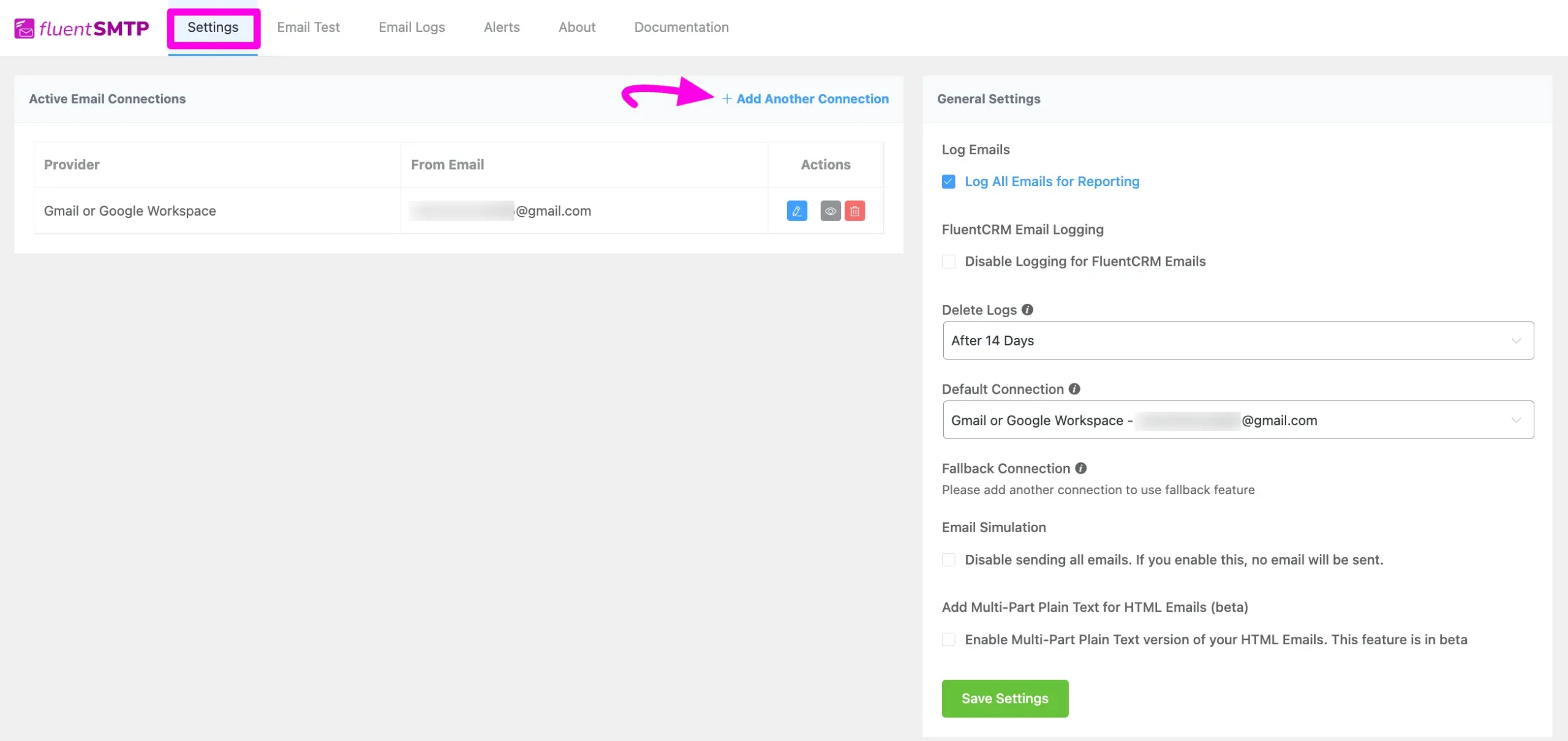 + Add Another Connection - Settings tab