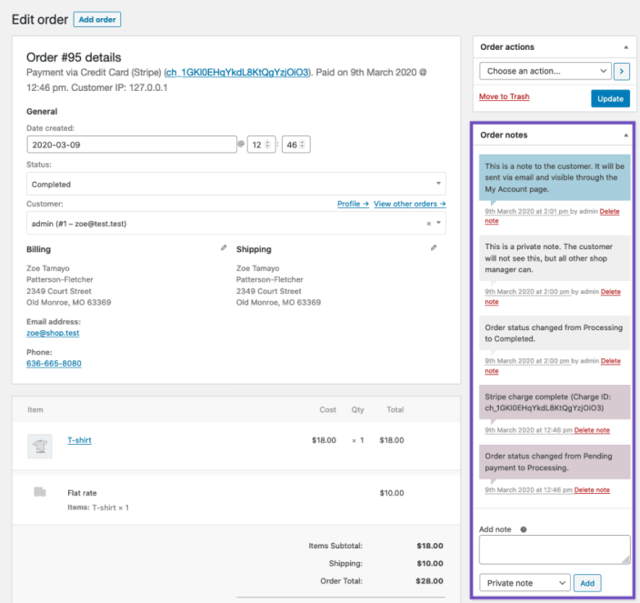 Order Notes panel showing examples of system, general, and customer notes.