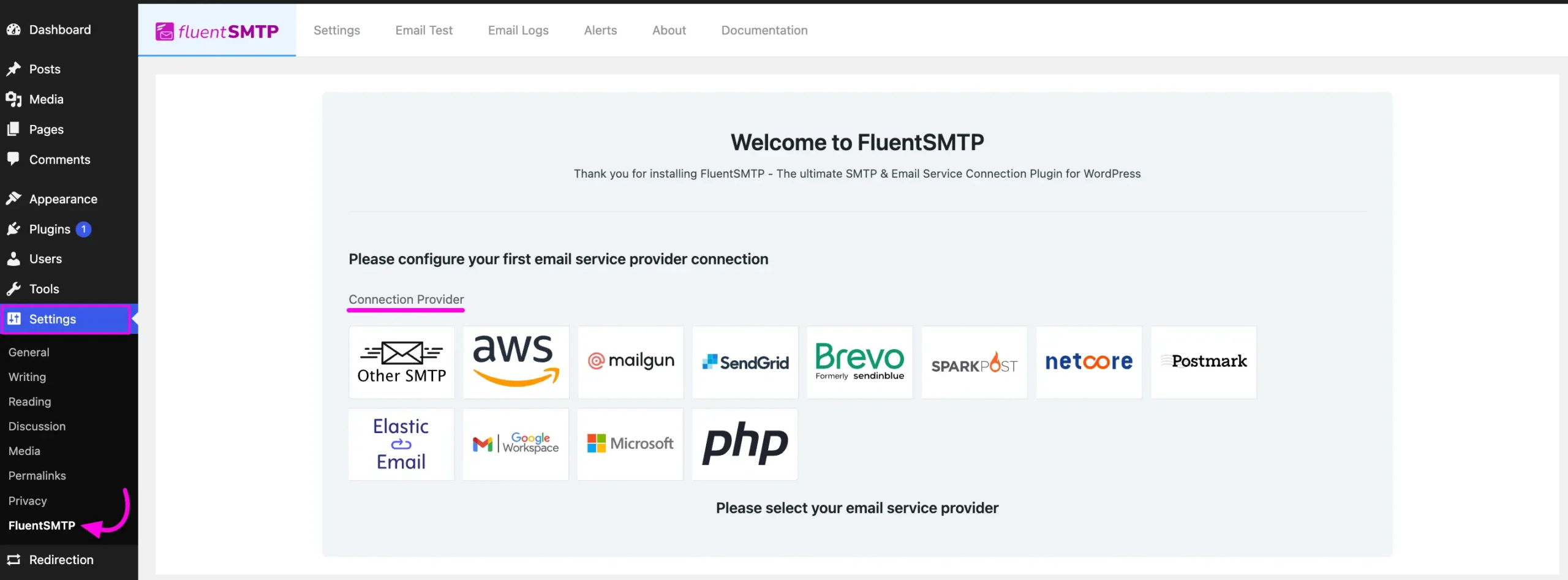 Fluent SMTP dshboard