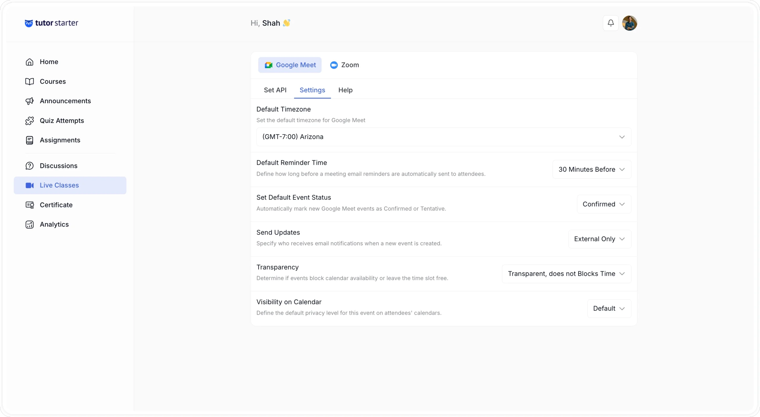 Tutor LIve Class- Google Meet Settings