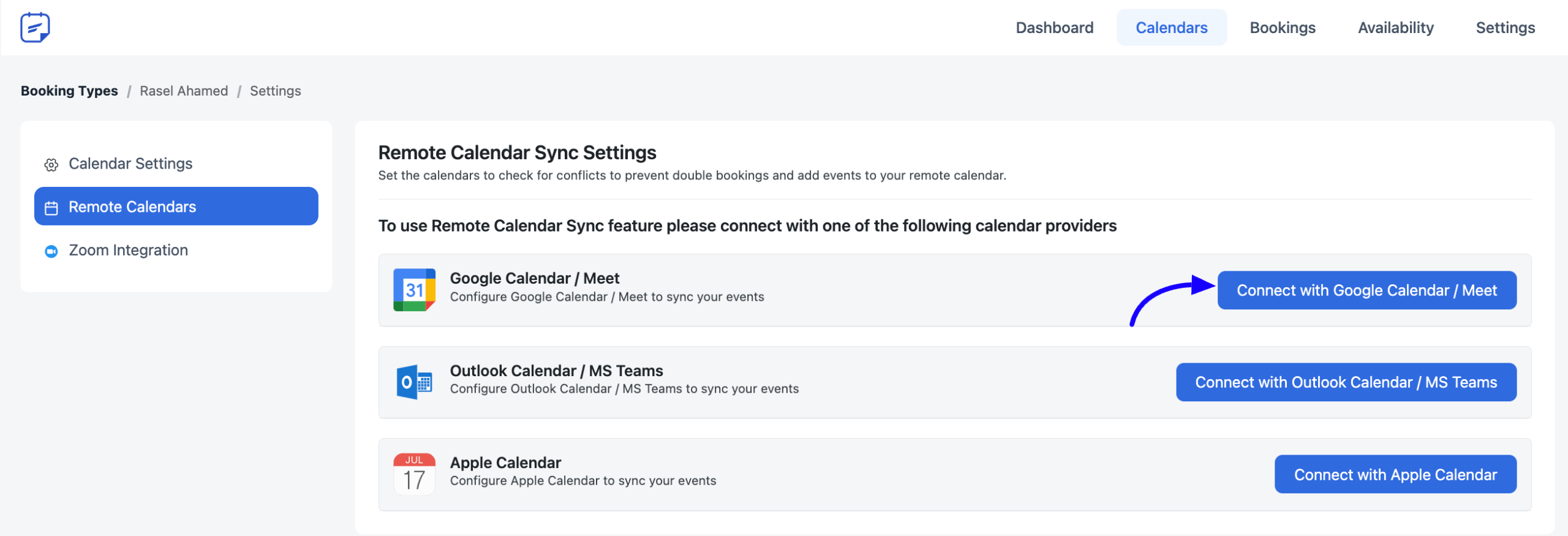 Configuring Host Google Calendar 官方介面截圖