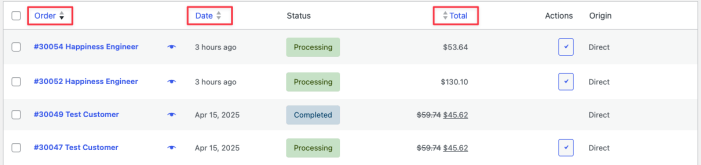 Column headings in the orders table with sort arrows indicating the active sort direction.