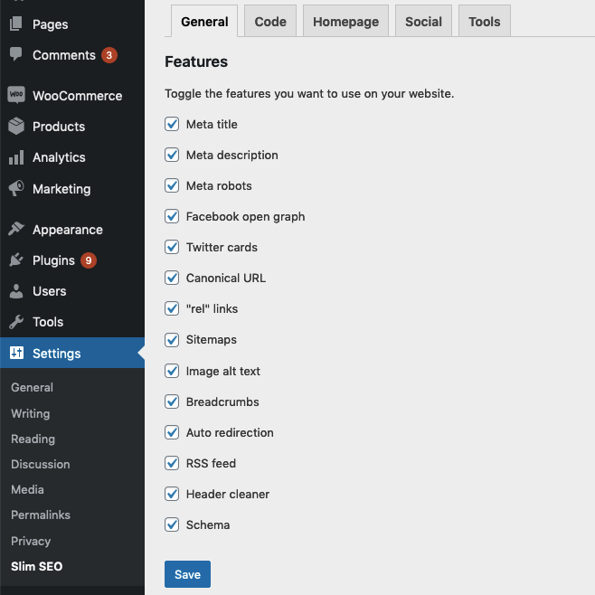 Select the SEO features you want to enable/disable