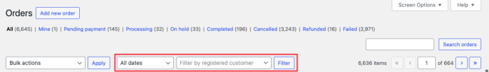 The orders page filter controls showing the month dropdown, customer search field, and order status links.