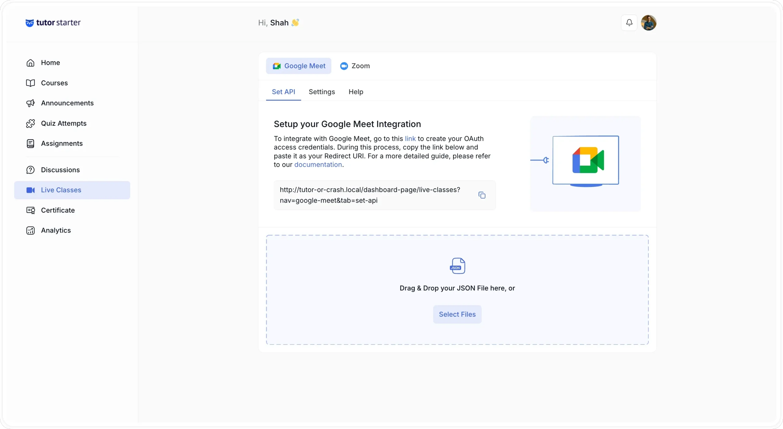 Tutor LIve Class- Google Meet Set up Api