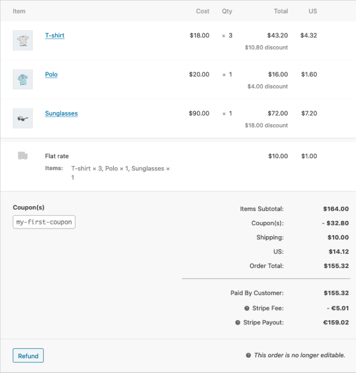 Order items panel showing product line items, shipping details, and order cost summary.