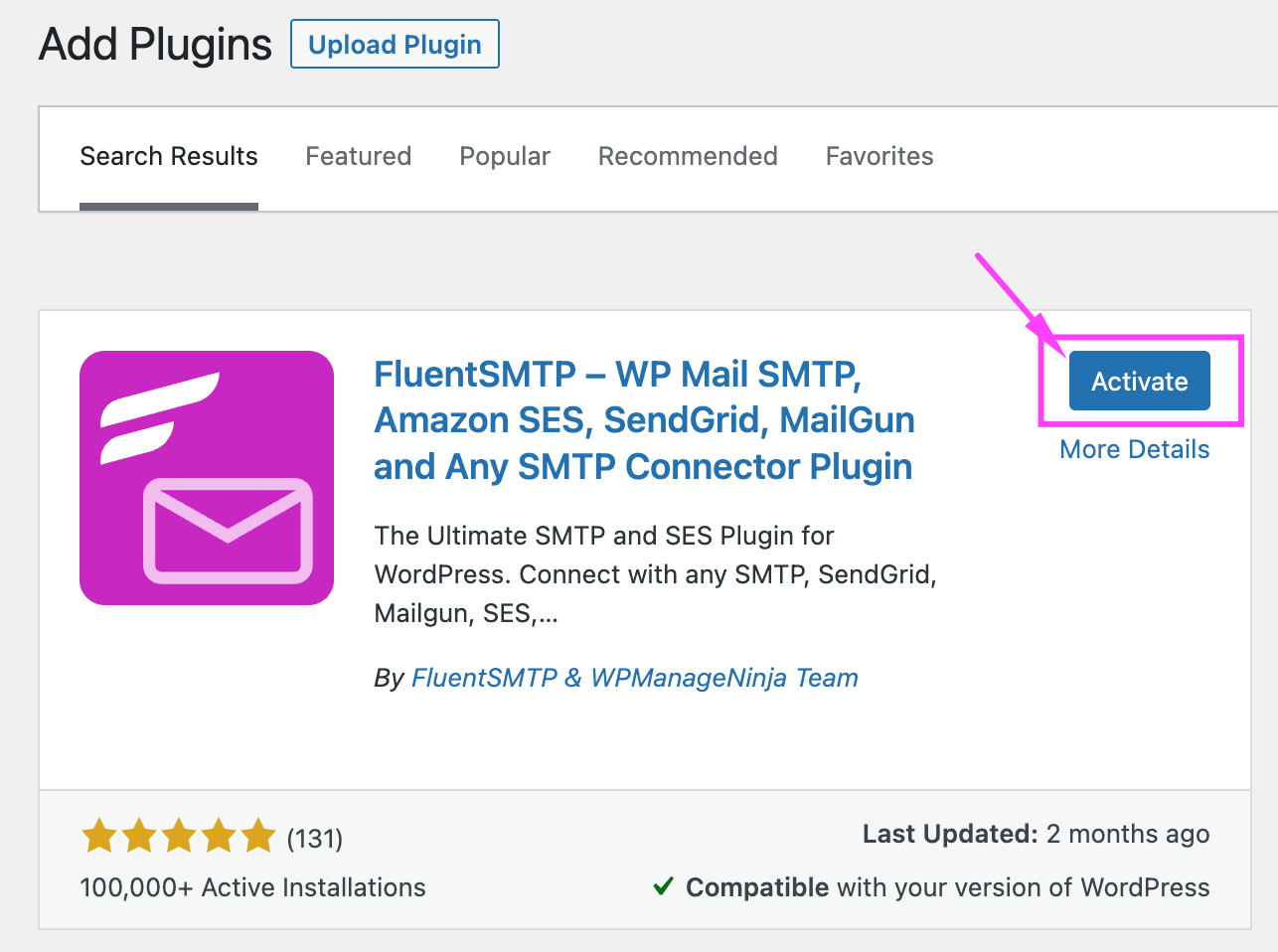 Install & Activate the FluentSMTP Plugin from the Dashboard 官方介面截圖