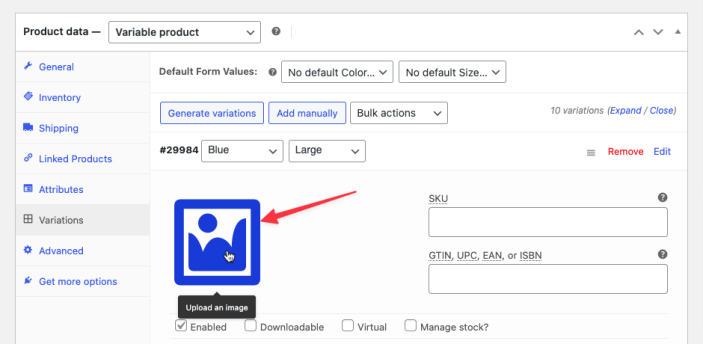 Primary variation image field in the product editor.
