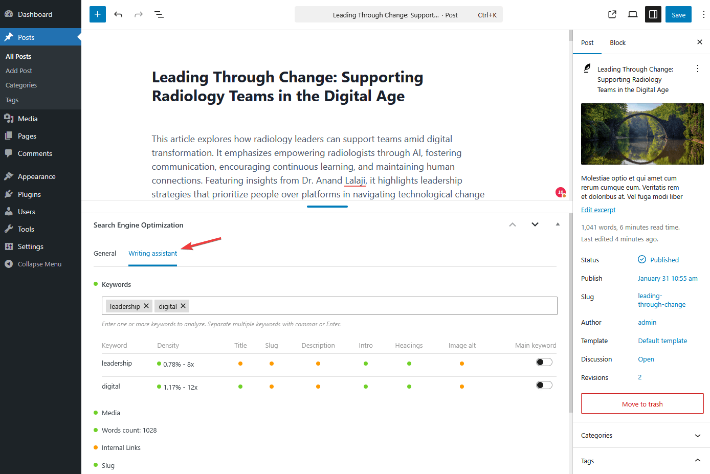 Writing assistant tab with Slim SEO