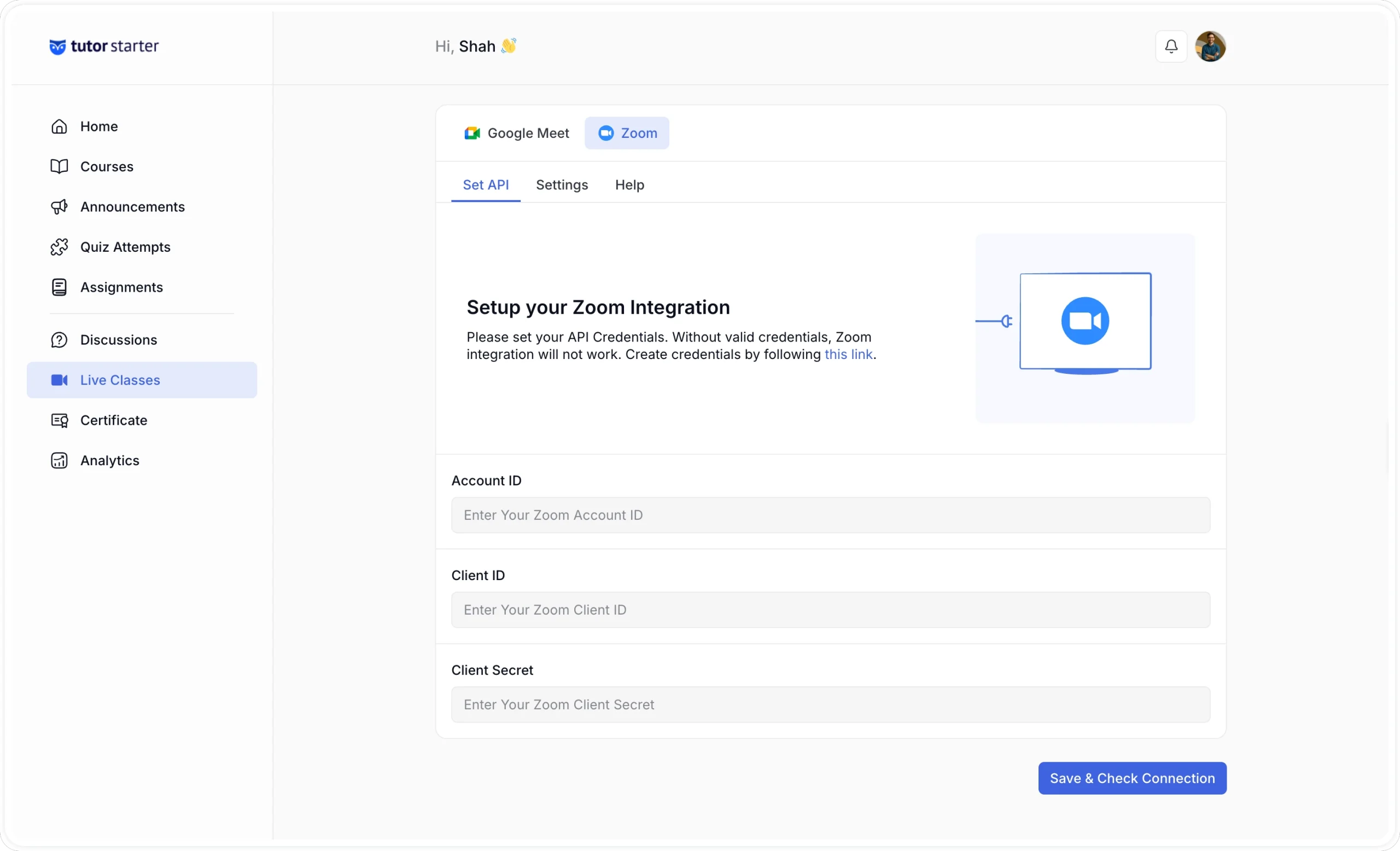 Tutor LIve Class- Zoom Set up Api