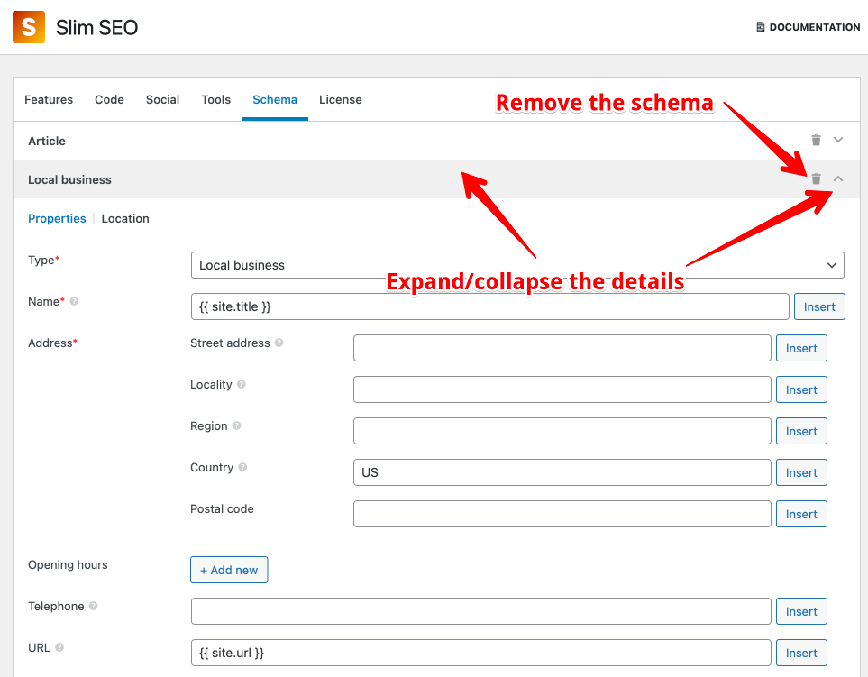 Toggle the schema details or remove it