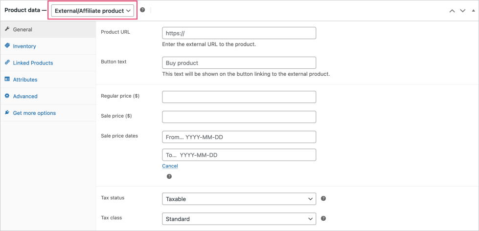 Illustrates how the General section looks when the Product Type is set to External/Affiliate product.