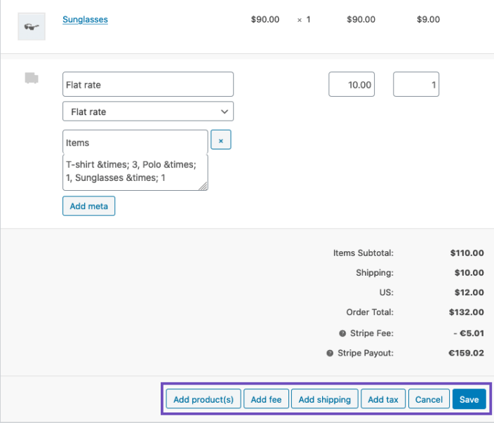 Expanded Add item(s) options showing Add product(s), Add fee, Add shipping, Add tax, Cancel, and Save buttons.