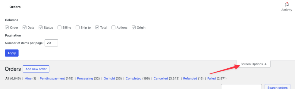 The Screen Options panel expanded above the orders table, showing column checkboxes and the pagination setting.