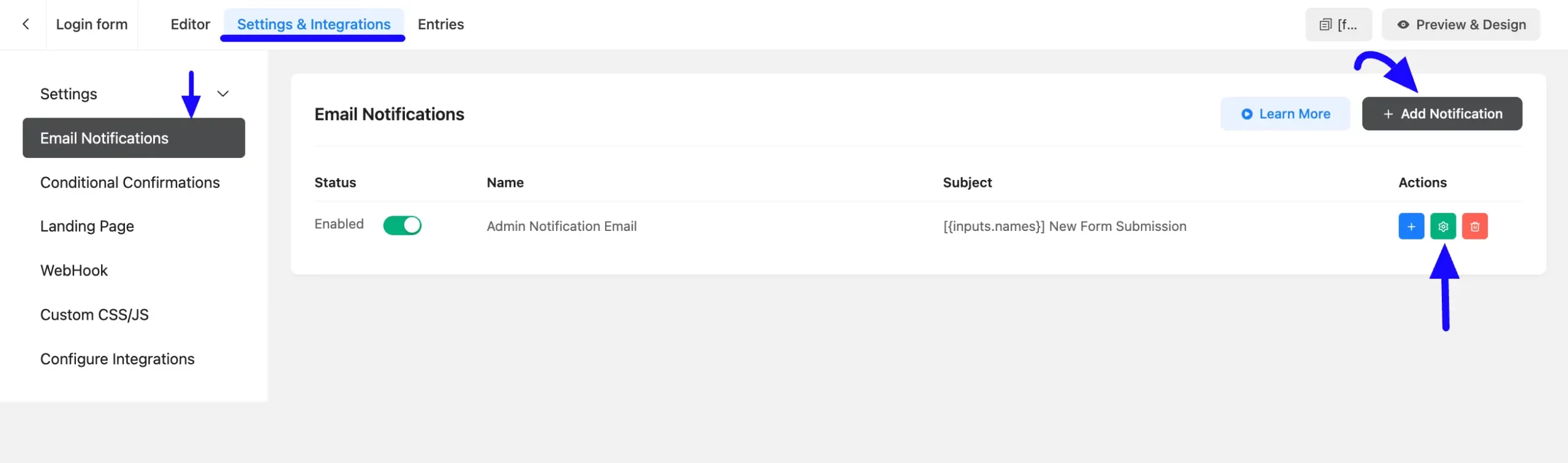 Settings Integration Email Notification Add Notification Setup Admin/User Email Notifications