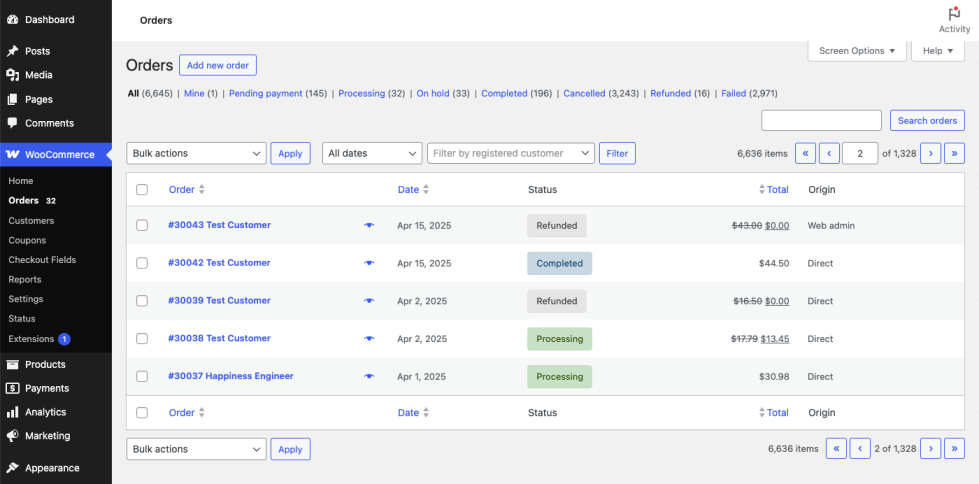 The WooCommerce orders table showing the Order, Date, Status, Total, and Origin columns.