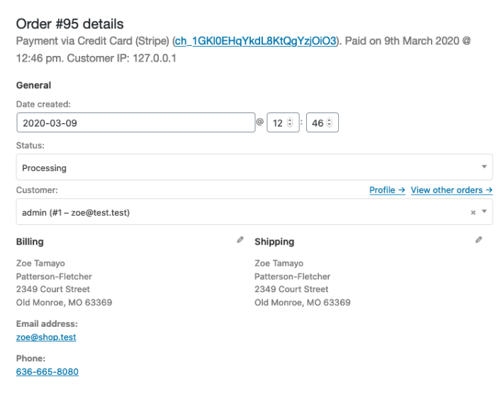 Order details panel showing order number, payment details, date, status, and customer information.