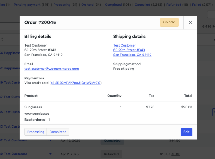 The order preview modal showing order number, status, billing and shipping details, and items ordered.