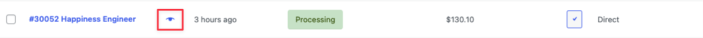 An order row in the orders table with the eye icon highlighted for previewing.