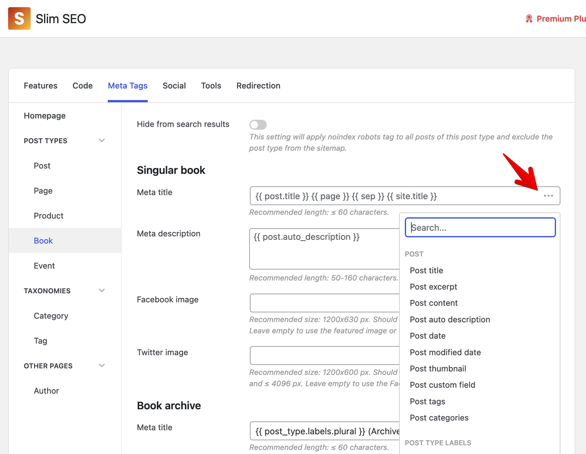 Showing popup to pick dynamic variables for meta tags