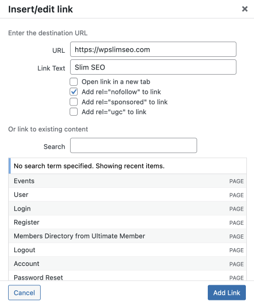 Toggle link rel in the classic editor