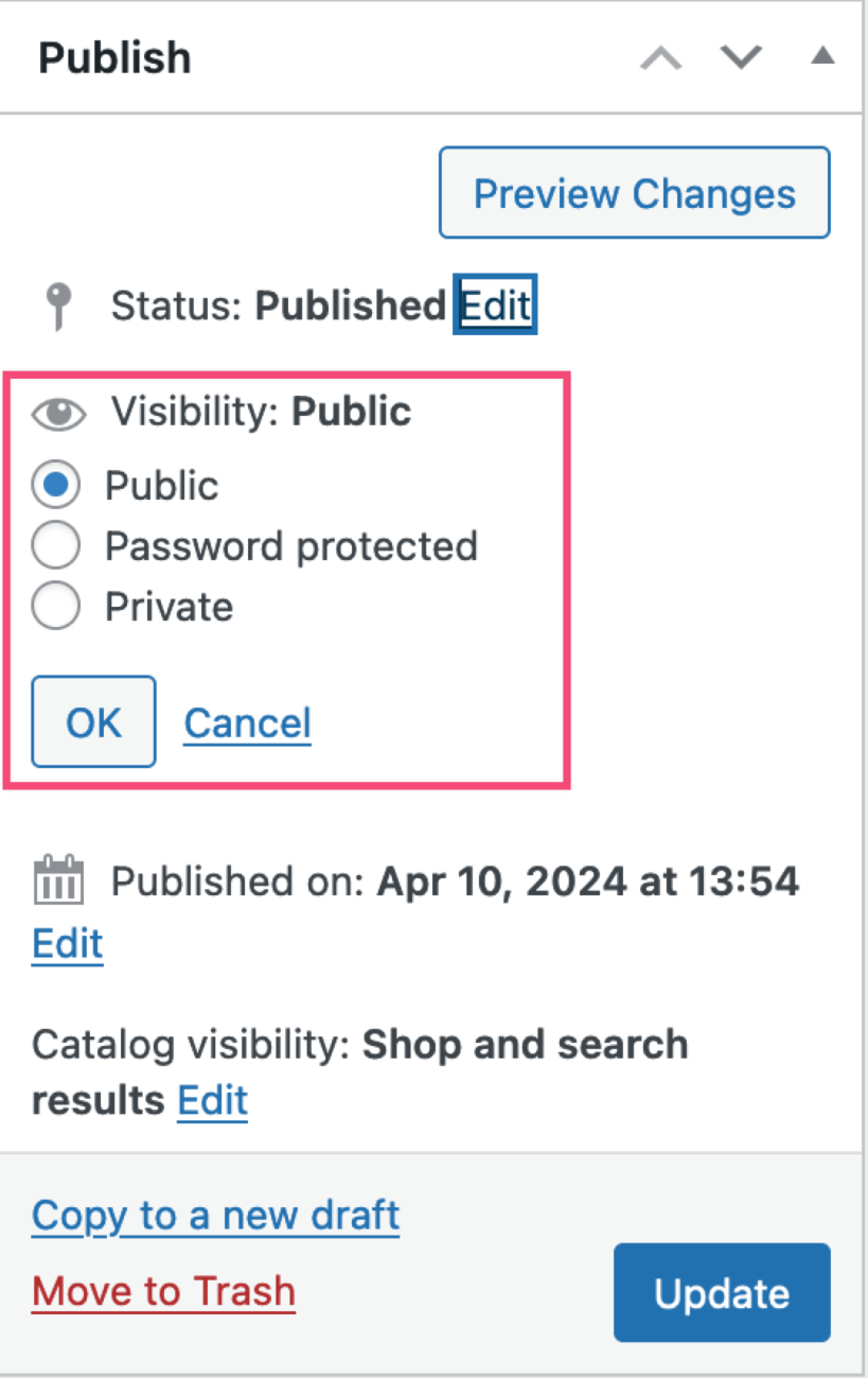 The publish panel with the post Visibility section expanded to show the available options.